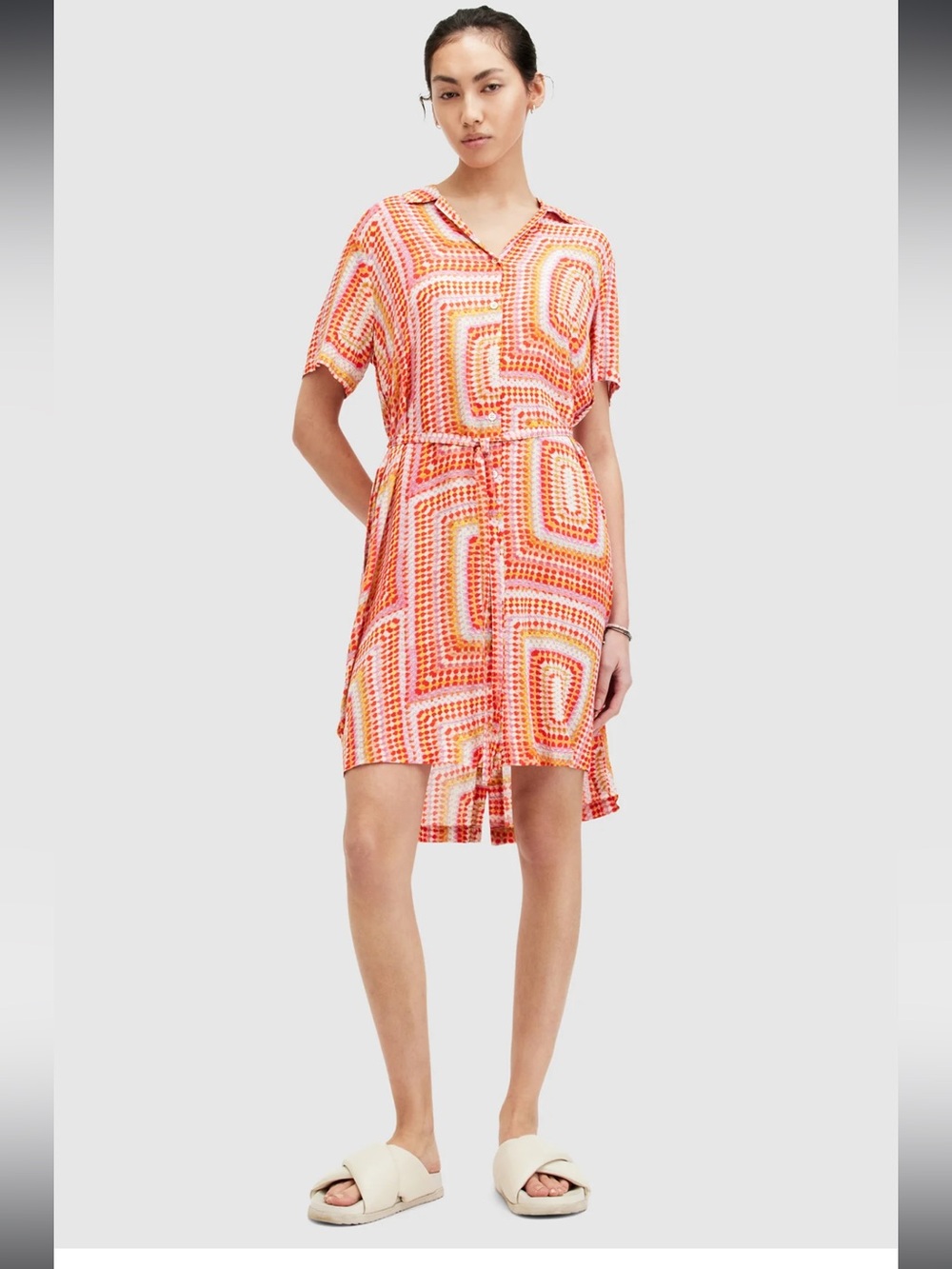 All Saints Athea Luisa Button Shirtdress Blood Orange Geometric Pattern, Size 12